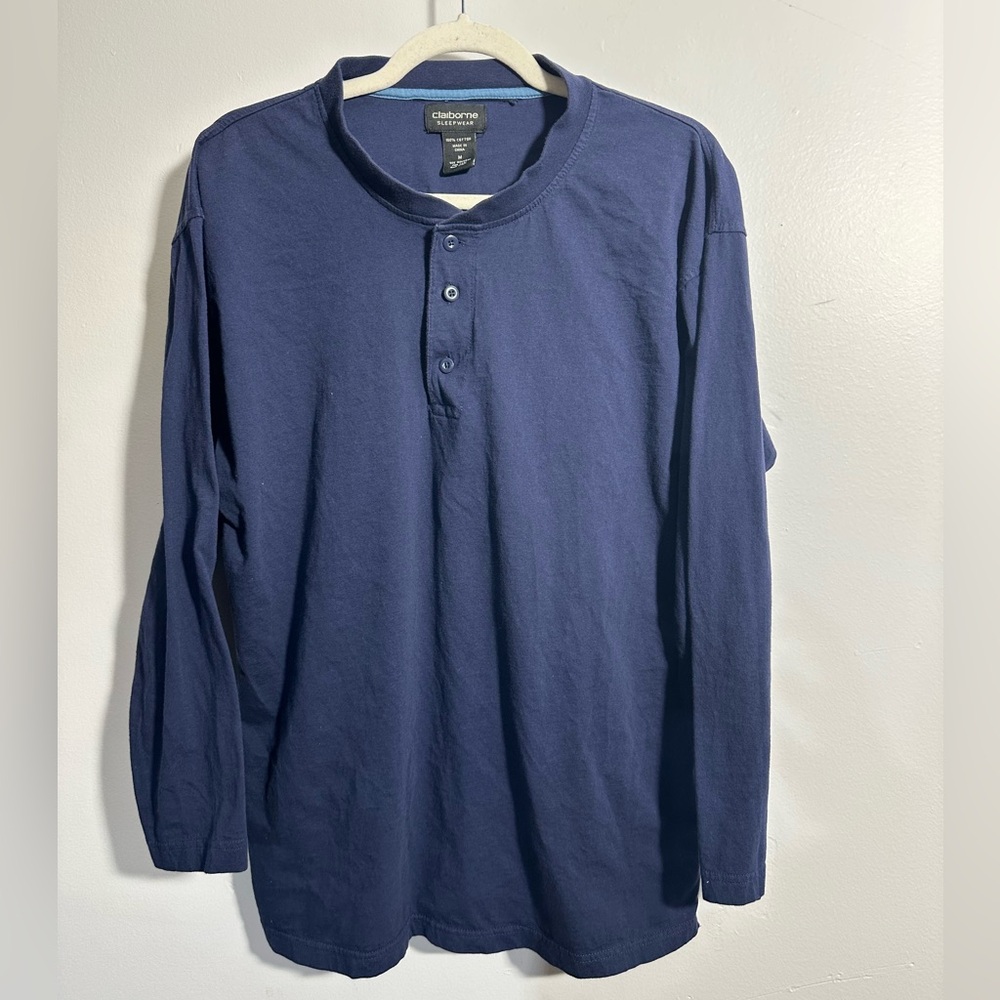 Claiborne Sleepwear Men’s M Henley Blue Knit Long Sleeve Sleep Shirt | SKU 0963